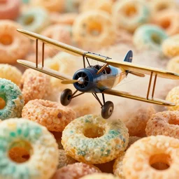 historic photo of a biplane flying through giant fruit loop cereals, close up action shot