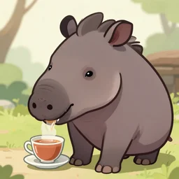 an albino tapir is drinking tea, cartoon anime style, animal wearing clothes digital art