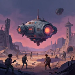 teleportation machine in a post - apocalyptic world, with survivors using it to escape the ruins of civilization, style of dark pastel