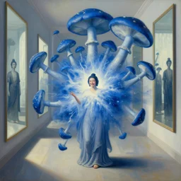hyperrealistic still life painting of a boddhisatva's mind exploding beautiful blue mushrooms everywhere, while she is smiling, slow motion mind explosion, in a hall of mirrors, morning light, by caravaggio, surrealism, rule of thirds minimalist composition, in style of jugendstil, and maxfield parrish, kim jung gi and mœbius and mike mignola