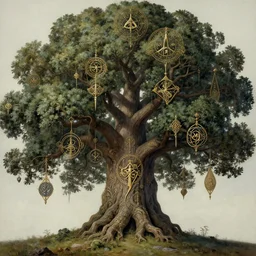 detailed painting of huge thick oak tree with countles branches, gothic, renaissance, ornaments, symbolism, astrology, esoteric, norse mythology, worldtree, yggdrasil, art by artgerm and greg rutkowski and magali villeneuve, d & d, fantasy, highly detailed, digital painting, trending on artstation, concept art, sharp focus, illustration