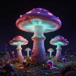 a hyperdetailed realistic rendering of psychodelic 70's black light poster style 3D magical shroom landscape glowing in the dark, distant spilled goo