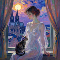 close portrait of woman in transparent vaporous night gown with cat and iris, with city with gothic cathedral seen from a window frame with curtains. sun through the clouds, vivid iridescent psychedelic colors. munch, egon schiele, henri de toulouse - lautrec, utamaro, monet