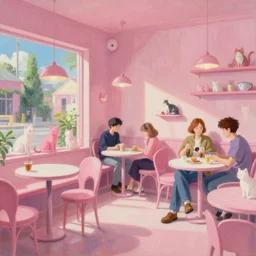 a mixed media portrait painting of inside an aesthetic pink cat cafe, cats everywhere, minimalist, by studio ghibli, thomas kinkade, frank frazetta, greg rutkowski, beeple, yoko taro, christian macnevin, beeple, wlop and krenz cushart, volumetric outdoor lighting, midday, high fantasy, cgsociety, cheerful colours, full length, exquisite detail, post - processing, masterpiece, cinematic