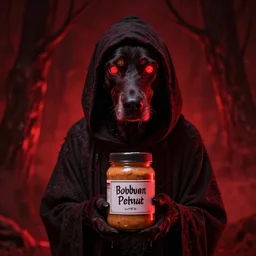 cultist dog glowing red eyes holding a jar of cursed forbidden peanut butter, lovecraftian horror, dramatic red scary lighting, horror