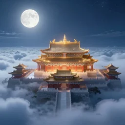 chinese palace in the clouds in the moonlight, overlook, fairy tale, light effect, dream, greg rutkowski, unreal engine, james gurney, artstation