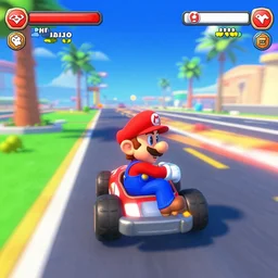 Luigi driving a car in Las Vegas, Mario Kart game, gameplay screenshot, wide view