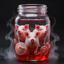 3 d pig in a jar full of red liquid midsommar style, intricate, elegant!! surrounded by smoke and water energy flow. translucent nautilus, highly detailed. octane render, excellent composition, by wlop, tooth wu, greg rutkowski, beeple