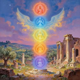 spiritual chakra energies in the ruins of ancient rome, dreamy sky, olive fields in the distance, very colorful painting 8 k trending on art station, intricate superb details, digital art, cinematic lighting, volumetric lighting, photographic, blur bokeh defocus dof sky by afremov, award winning masterpiece.