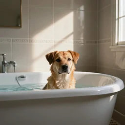 a dog in the hot tub, bathroom, photo.