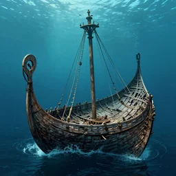 A high detailed Viking longship wrecked and on the ocean floor