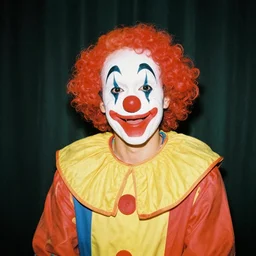 fine art portrait photography of a friendly clown, filmic lut,