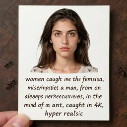 “women caught in the act of feminism, misinterpreted as a man, from an aliens perspective, in the mind of an ant, caught in 4K, hyper realistic”