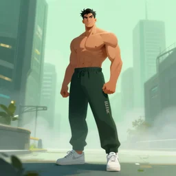 battle hardened, overpowering, pragmatic, charismatic character male handsome muscular acronym pants and nike air force 1 sneakers, portrait, confident, modern cityscape, outdoors, architecture, fog, sunny, volumetric lighting, illustration, perfectly shaded, greenish tinge, cold lights soft painting, art by krenz cushart and wenjun lin
