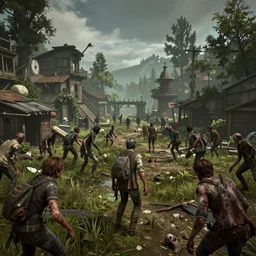 The last of us post apocalyptic world teeming with zombies, highly detailed environment design, 3D game art