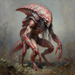 a bipedal human crustacean hybrid. red and white marbled skin, long hair, carapace. a beautiful unsettling painting by greg rutkowski