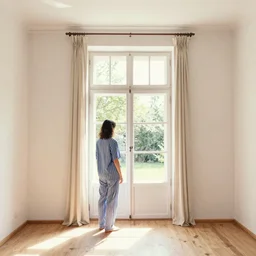 person in pyjamas standing near window, sun rays, daylight, french door window, 2 4 mm, anamorph lenses, photorealistic, high ceiling, watercolor painting