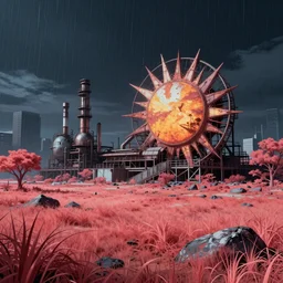a beautiful photorealistic illustration of nature city abandoned sun disc industrial architecture by liam wong, meadow desert infrared at night rainforest magic realism, archdaily, wallpaper, highly detailed, trending on artstation.