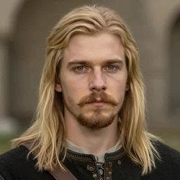 half - length portrait of a 3 5 - year - old human male noble with long blonde hair, handlebar mustache, green eyes, medieval setting, detailed face, highly detailed, artstation, concept art, sharp focus, by greg rutkowski, craig mullins, kenne gregoire