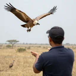 a man watching vulture circling prey, ready to strike