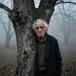 photographic portrait of wrinkly sad max ernst dried melting bark tree with spiraling cigarette smoke, in fog, medium long shot