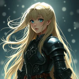 baroque oil painting japanese light novel cover illustration lotr anime key visual full body portrait action shot | long flowing blonde hair young girl wearing black military crusader armour | gapmoe kuudere moody lighting bokeh stunning highlights | trending pixiv fanbox | by greg rutkowski makoto shinkai takashi takeuchi studio ghibli