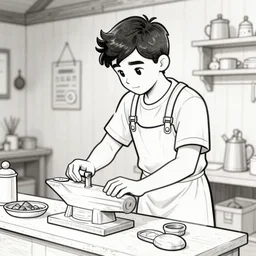film still of youthful charlie day, working as blacksmith, cartoon lineart, inked illustration, greyscale, holding hammer, style of blvnk tumblr
