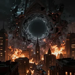 a black hole is destroying a gothic cyberpunk City, catastrophic, fire and explosions, the feeling of dread, photorealistic, octane render, unreal engine