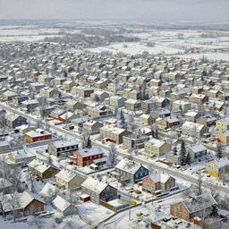 an extremely detailed painting by cedric peyravernay of a large array of houses in a contested territory between the soviet union and america, snowy landscape, authoritarian vibes, extremely detailed, 4 k