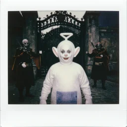 vladimir putin demonic horror jester face, wearing teletubby costume, polaroid black and white picture, 1 9 th century, scary horrifying satanic rituals, hell gate