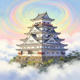 magical japanese castle on a mountain, surrounded by clouds, colorful swirly magic ripples, pastel colors, by greg manchess, huang guangjian, gil elvgren, sachin teng, greg rutkowski, jesper ejsing