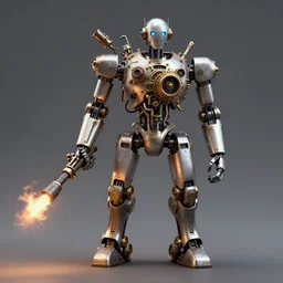 humanoid robot with a flamethrower steampunk engine