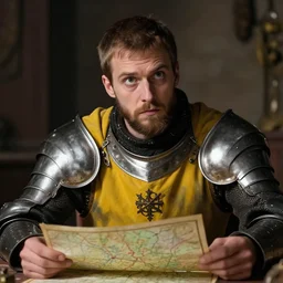 Closeup of frustrated male medieval sergeant with a {short} beard wearing a {black!!!! and yellow tabard} over a steel breastplate and a black gambeson looking up from a map on a table, intricate, dramatic lighting illustration by Greg Rutkowski, {perfect face}, {perfect eyes}, fantasy