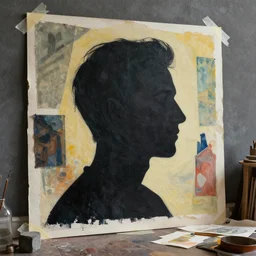 rendered in blender artistic silhouette in a room, collage paper and tape, gouache on canvas, dadaism, high resolution, cinematic, unreal 6, breathtaking detailed, by ozdemir altan