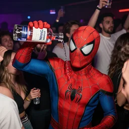 Spiderman goes to a rave party and drink himself drunk, Spiderman drinks Viking Fjord vodka straight from the bottle, Spiderman in the moshpit, Realistic, HDR, HD, Real Event, 8K,