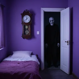 a photo of a nightmare in a small violet room with a bed, a longcase clock, and a white locked door, there's a creepy dark white male person smiling