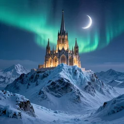 a photorealistic iced capped mountain range with a massive gothic cathedral sitting at the peak lit by the crescent moon and aurora borealis above during a starry night, fantasy art, deviant art, highly detailed, digital art, 3d, 4k