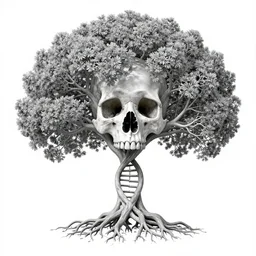 human dna! resembling rooted human skull! tree!!!, fantasy. precisionism, coherent symmetry, intricate environment by elsie driggs, peter blume, greg rutkowski