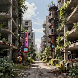 a beautiful detailed rendering of city walkway urbex unfinished building architecture industrial architecture abandoned nature building by diebedo francis kere, steampunk neon signs nature, archdaily, wallpaper, highly detailed, trending on artstation.