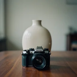 telelens photo of a vase on a table, pentax k1000