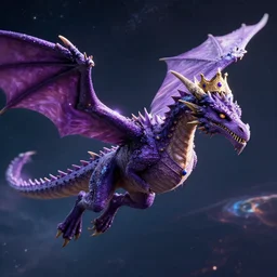 highly detailed a purple dragon wearing a crown flies through space, 4 k, photorealistic, unreal 5