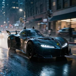 a photograph of the 2 0 2 2 batmobile. cinematic, city, street, night, driving, rain
