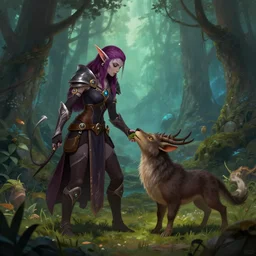 a female blood elf in a magical forest feeding an mythical animal in a fantasy game fanart digital art trending on art station