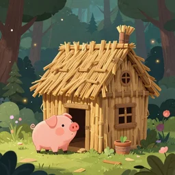 a cartoonish cute anthropomorphic pig is near a house made of only straws in a mystical forest full of wonders, pine trees, magical atmosphere, trending on artstation, 30mm, by Noah Bradley trending on ArtStation, deviantart, high detail, stylized portrait H 768