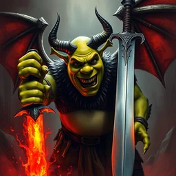 shrek as a scary demon from hell and has a giant sword, digital painting masterpiece by rembrandt and mœbius and thomas kinkade and frank frazetta, 4 k wallpaper, comic book art