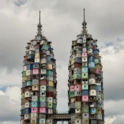 two organic looking towers, made up of makeshift squatter shacks with pastel colours, cloudy, dystopia, hasselblad x 1 d, fully frontal view, very detailed, photographed by jeanette hagglund