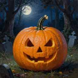 a ultra detailed beautiful painting of a pumpkin in a dark forest, graveyard in the background, moonlight through the trees, oil panting, high resolution 4 k, by ilya kuvshinov, greg rutkowski and makoto shinkai