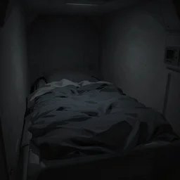 interior view of a space pod bed in wall, tight space, claustrophobic, messy blankets, dark colors, minimal light, tight angle, dim lighting, muted colors, unreal engine render, by makoto shinkai takashi takeuchi studio trigger