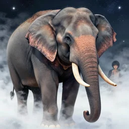 a victo ngai and katayama bokuyo art work. a close up view of a grace elephant in the fog and clouds. waves of stars. ultra clear detailed.