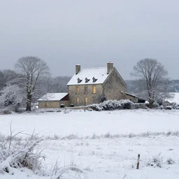 a distant french stone house in winter snow, farmland, 1 8 5 9, soft lighting from windows, by thomas kinkade